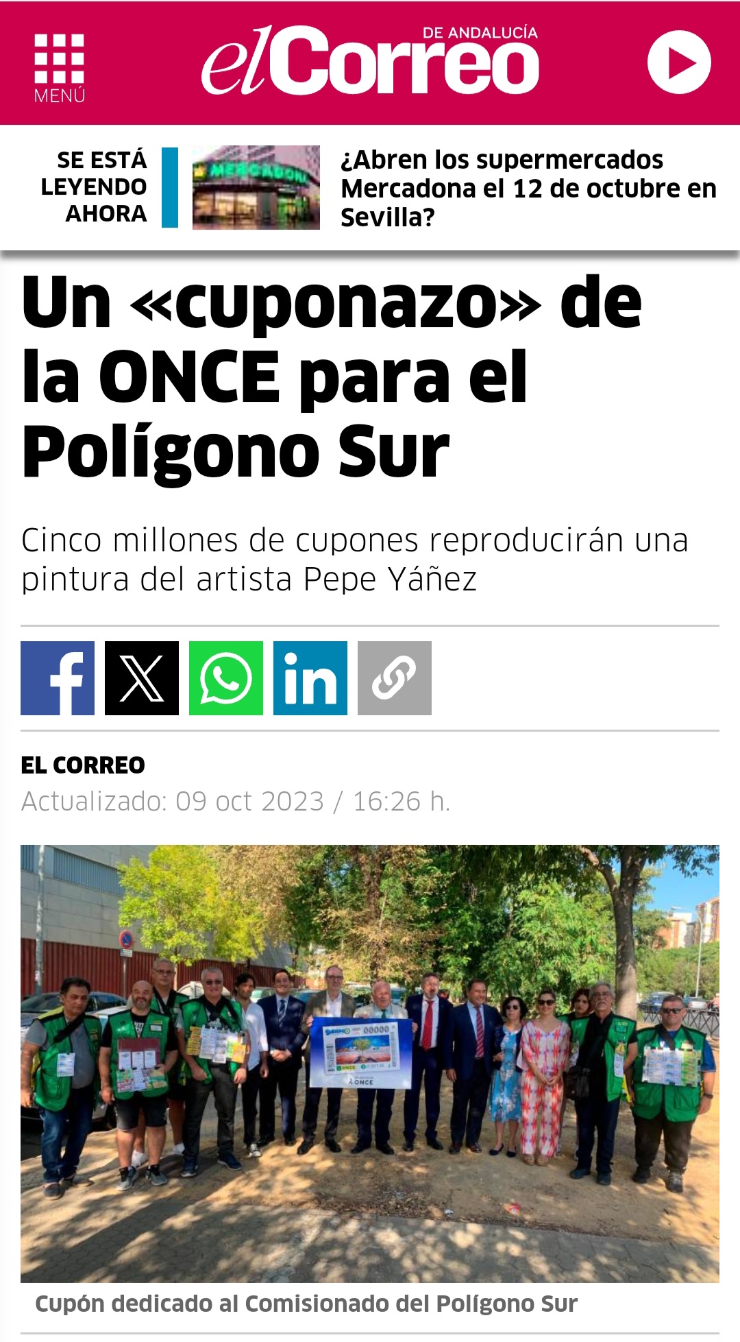 Pepe Yáñez. La ONCE celebra los 20 años del Comisionado del Polígono Sur con un cupón que muestra una pintura de Pepe Yáñez